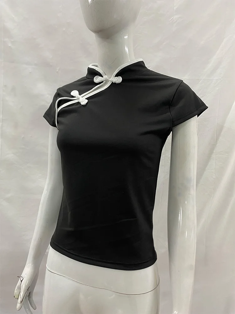 Summer Women Vintage Chinese Style Contrast Piping Mandarin Collar Frog Button Side Placket Short Sleeve Slim Fit T-shirt 2026