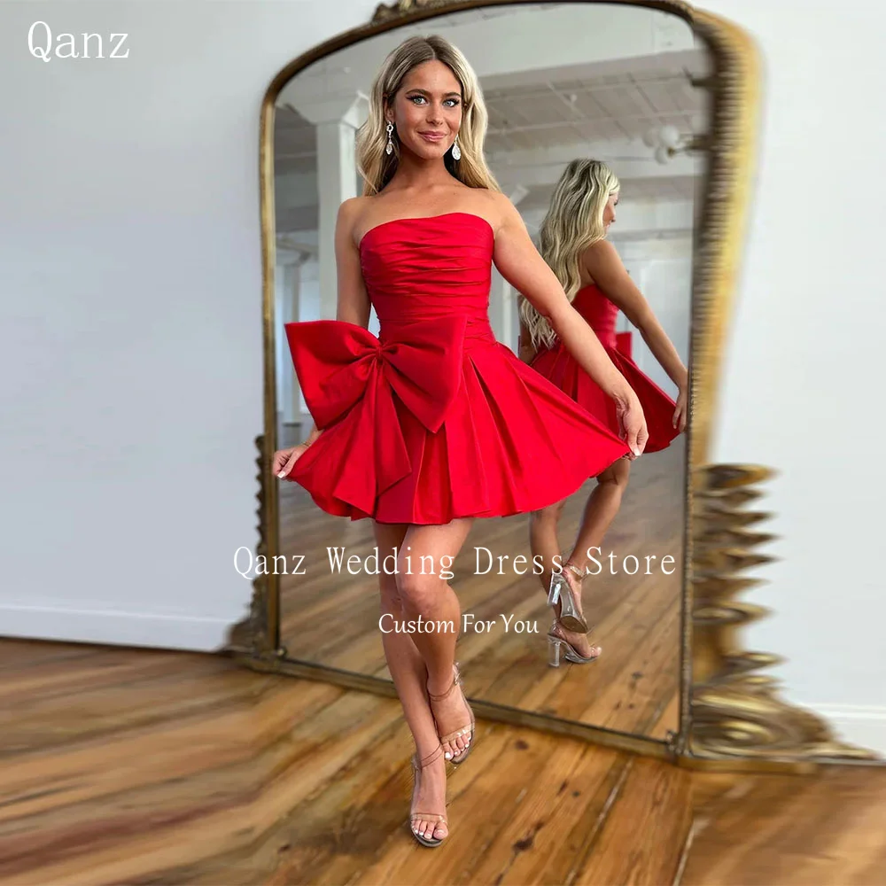 

Qanz Red Short Homecoming Dresses Open Back Satin Short A Line Vestidos Para Eventos Especiales with Bow Vestidos De Graduación