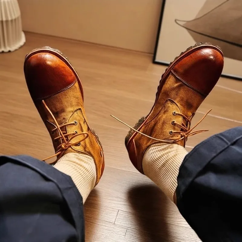 Japanese Retro British Genuine Leather Low Top Round Toe Casual Handmade Work Shoes Men Canvas Cowhide Derby Leather Shoes Male