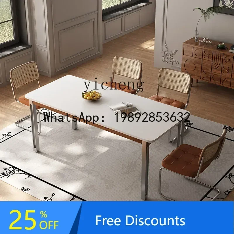 CZ  ash wood dining table household simple plentiful rock slab dining table modern stainless steel foot dining table