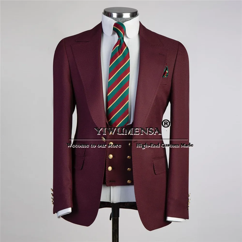 

Burgundy Solid Suits Men Single Breasted Jacket Vest Pants 3 Pieces Formal Wedding Party Groom Tuxedos Traje De Hombre Elegante