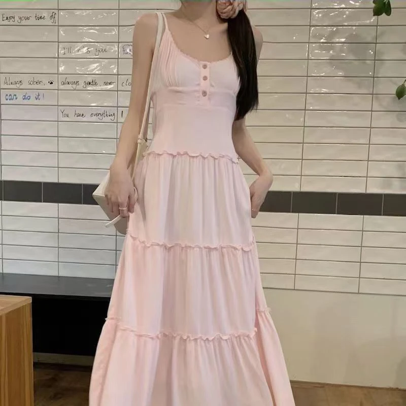 Vestido Houzhou Pink Fairycore Midi, Plissado doce, Casual, Praia chique elegante, Alça longa de espaguete, Botão, Vestido suave de férias, Bonito