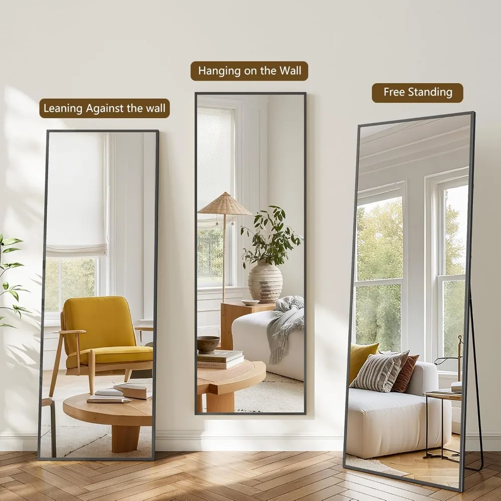 Espejo con marco de aluminio de longitud completa, 64x21 con soporte, independiente o montado en la pared, espejo de cuerpo completo para uso doméstico