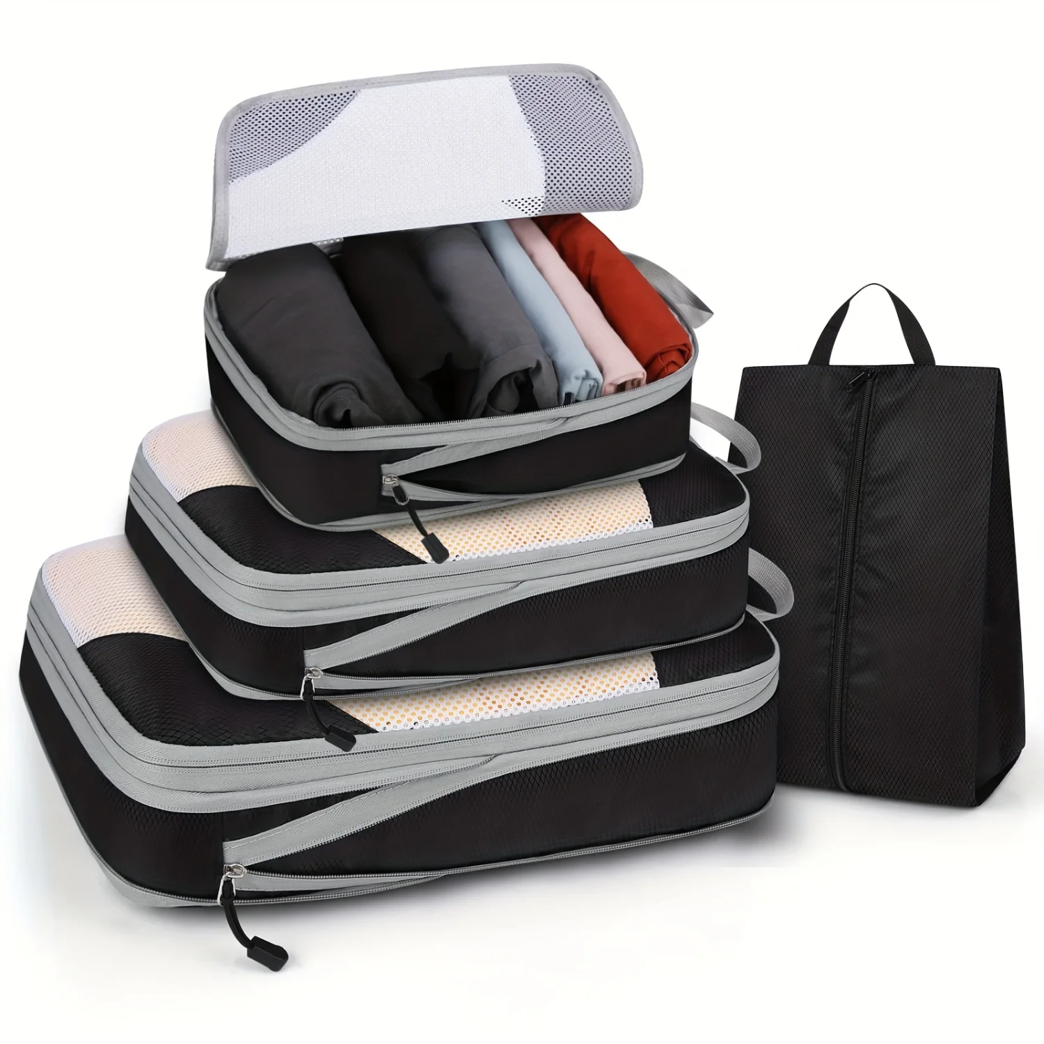 

4-Piece Set Packing Cubes For Travel, Polyester Luggage Organizer Bags Set, Fits Travel Bags & Suitcases, Compression Pouches F