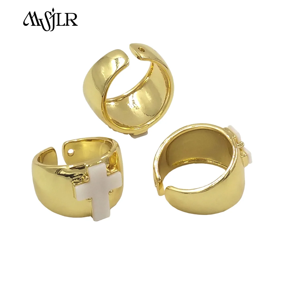 MVR087   2024 New Arrival Religious Retro Style Yellow Brass Cross Shaped Design Shell Ring Daily Wearing Accessories