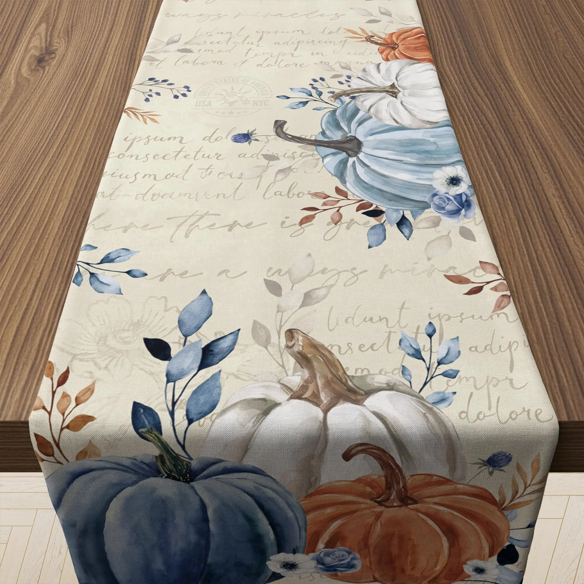 Fall Thanksgiving Table Runner, Watercolor Blue White Pumpkin Floral Print Table Cloth, Vintage Script Autumn Dining Table Decor