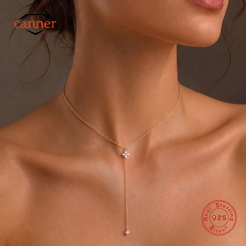 CANNER 925 Sterling Silver Flower Clover Y Necklace For Women 18K Gold Plated CZ Pendant Chain Necklace Minimalist Jewelry Gift