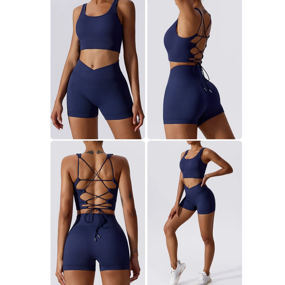 2024 1/2PCS Women Bandage Seamless Yoga Set Fitness Gym Workout Pant Sport Bra High V Waist Shorts Scrunch Leggings Active Suits