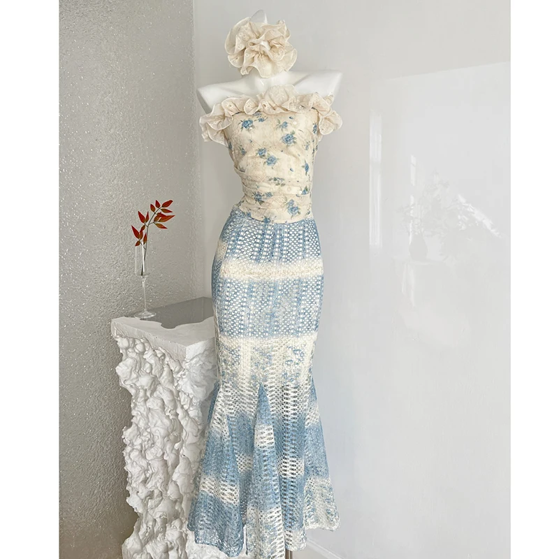 

Gradient Color Skirt Sets Off-shoulder Cinched-waist Floral Printed Cropped Tops High Waist Mesh Hollow Out Mermaid Skirts Suits