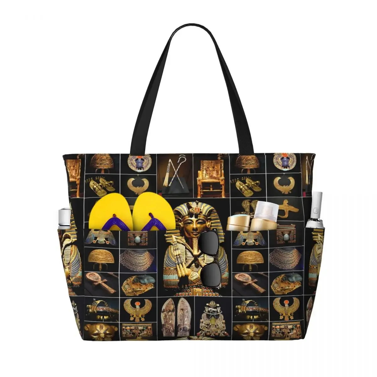 Custom Egypt Ancient King Tutankhamun Hieroglyphs Beach Tote Bag for Women Big Compartment Beach Gym Travel Bags