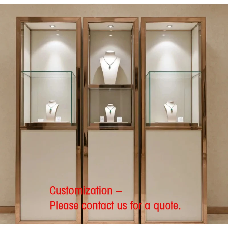 

custom.Luxury Rose Gold Trim Jewelry Display Cabinet, Tall Glass Showcase with LED Lighting High-End Jewelry