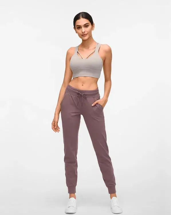 Solid Color Drawstring Pants Fitness Women Sweatpants with Two Side Pockets 4-Way Stretch Leggings Lady Stretchy Pants