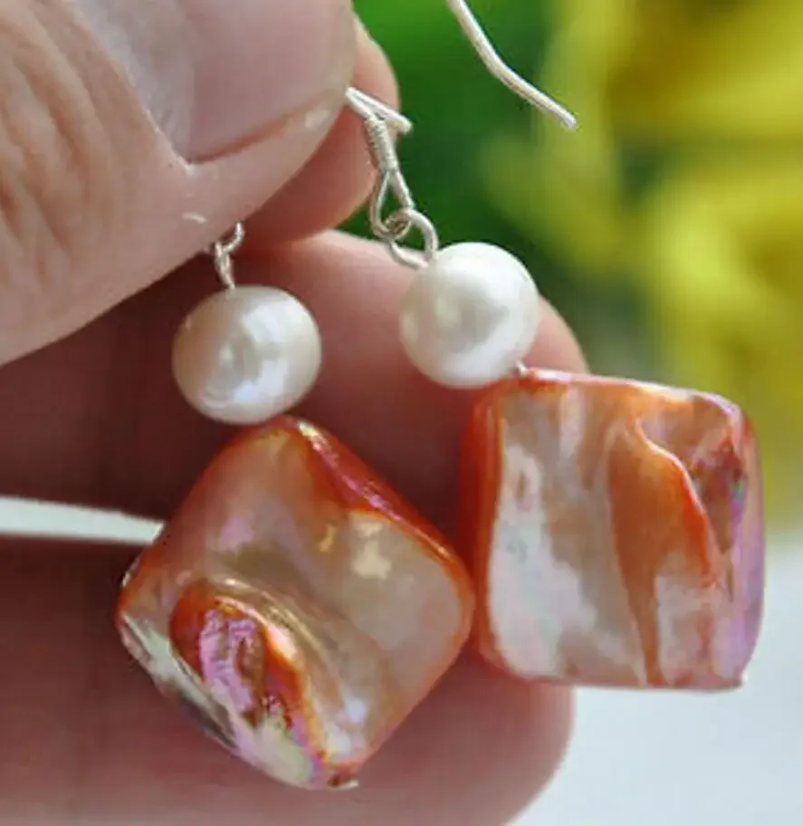 

Jewelry 15MM orange square shell white round pearl DANGLE EARRING