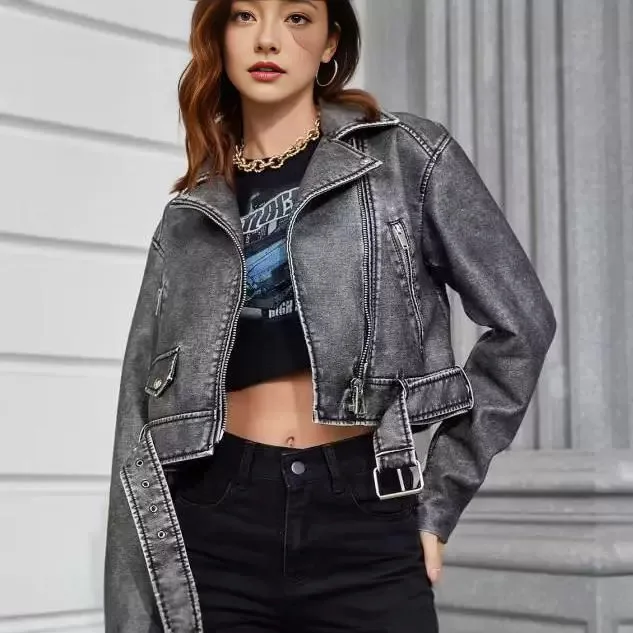 Chaqueta de cuero informal para mujer, comercio de otoño, estilo antiguo de motocicleta, Color sólido, nueva lavandería procesada