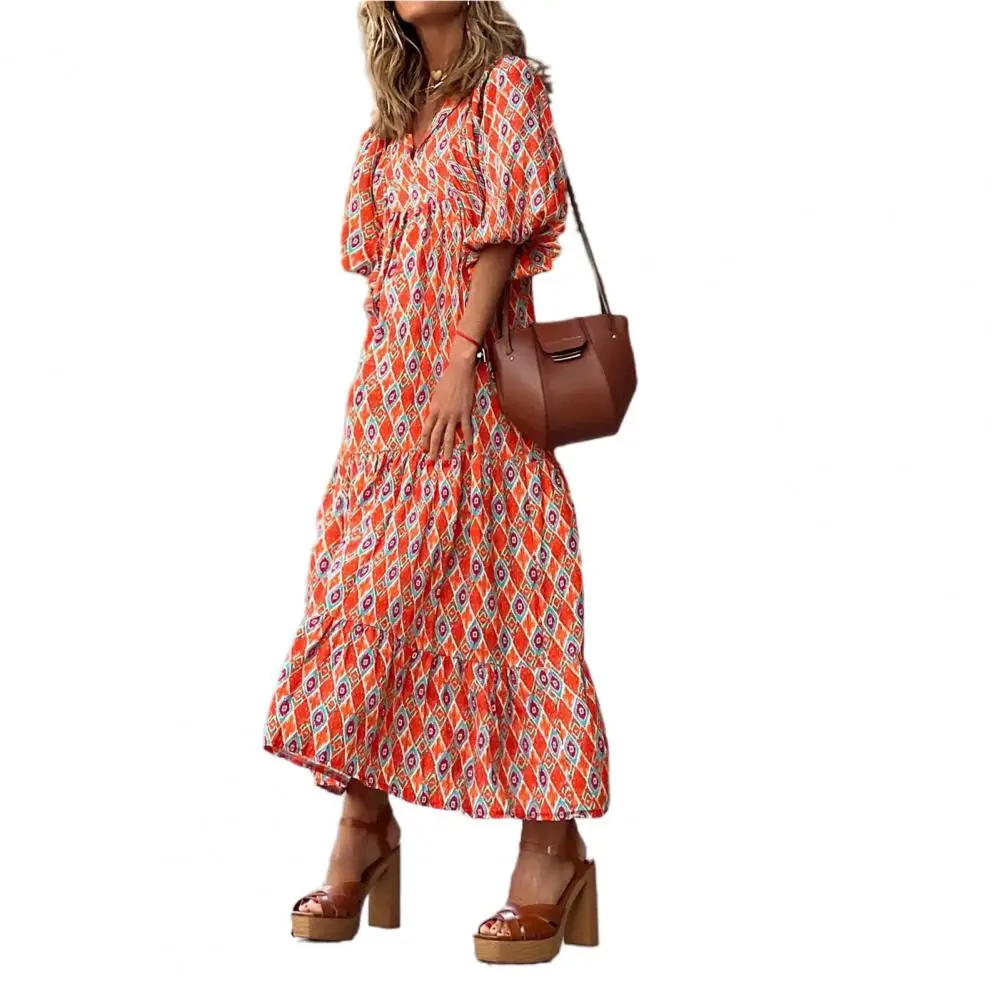 여성 원피스 퍼프 슬리브 보호 V넥 프린트, 긴 원피스 느슨한 홀리데이 비치, 여성 캐주얼 꽃 맥시 드레스, 파티 복장