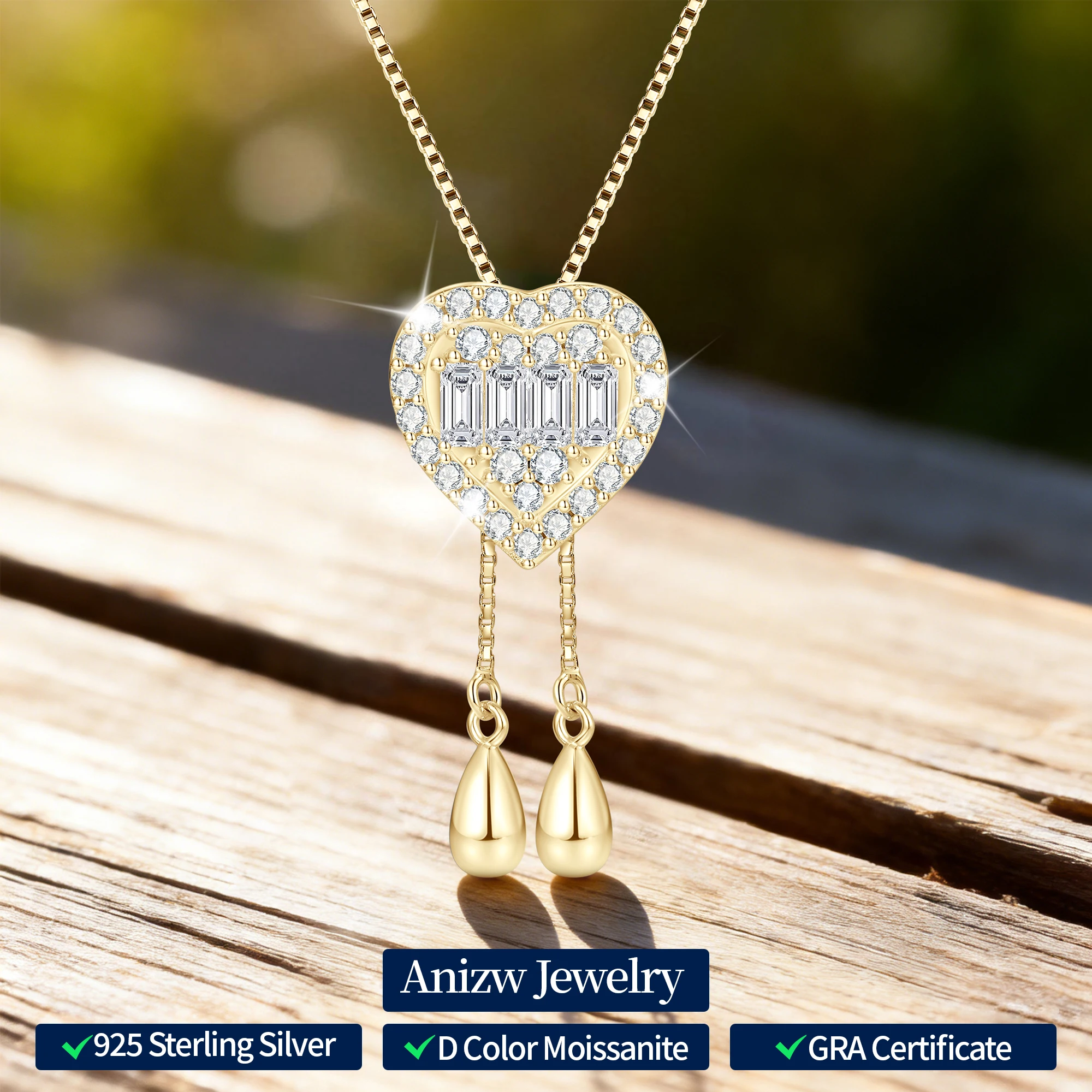 Moissanite Heart-Shaped Pendant Adjustable Tassel Necklace For Women 925 Silver 2026 Emerald Round Cut Lab Diamond Jewelry Gift
