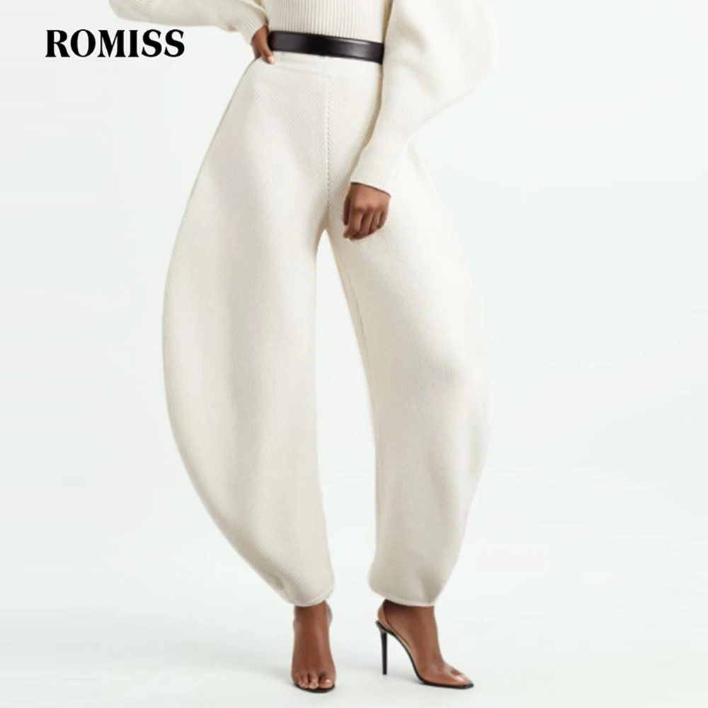 

ROMISS Casual Loose Knitting Pants For Women High Waist Autumn Minimalist Irregular Bloomers Trousers Female Fashion Clothing