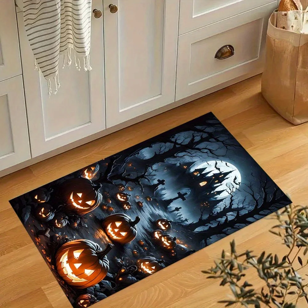 VIKAMA Haunted House Halloween Area Rug,Non‑Slip Floor Mat,Glowing Pumpkin Bat Moon Spooky Carpet for Living Room Home Decor Rug