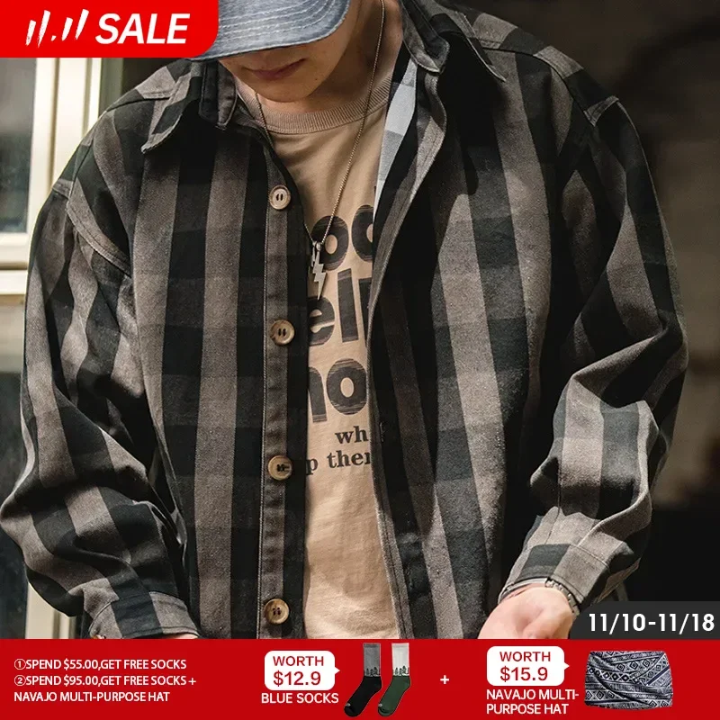 

Maden Harajuku Plaid Men's Shirts Retro 360G Heavy High Quality Casual Single Breasted Loose Long-sleeved Turn-down Collar Shirt