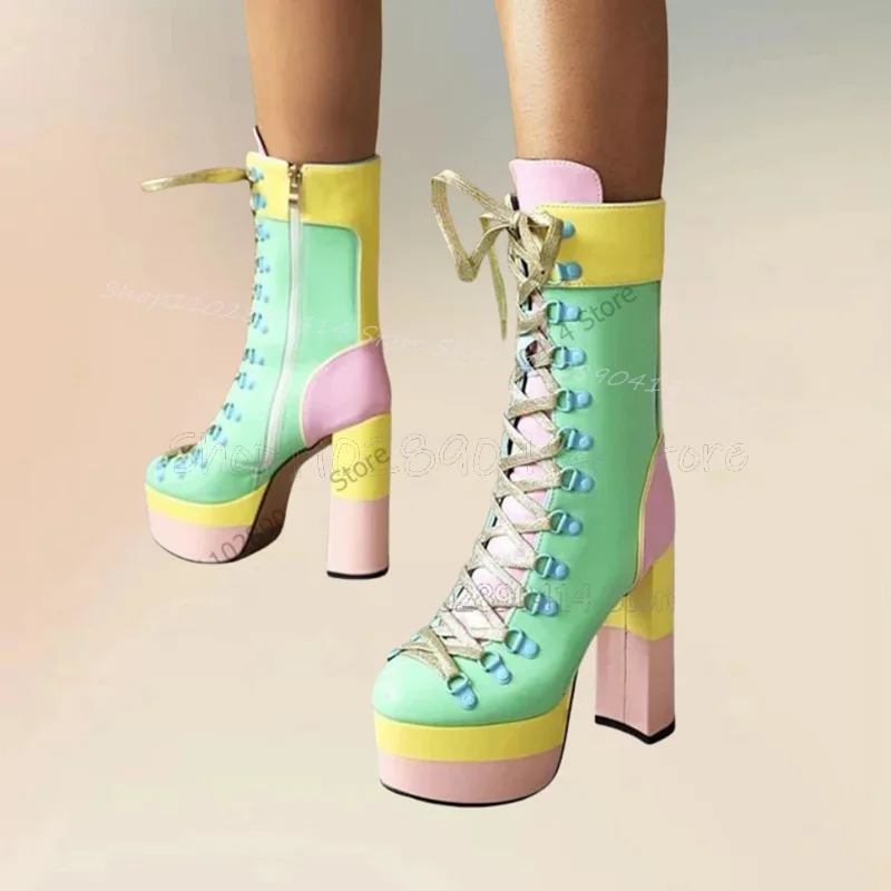 

Mixed Color Cross Tied Round Toe Platform Boots Side Zipper Women Shoes Chunky High Heels Fashion Party 2024 Zapatos Para Mujere