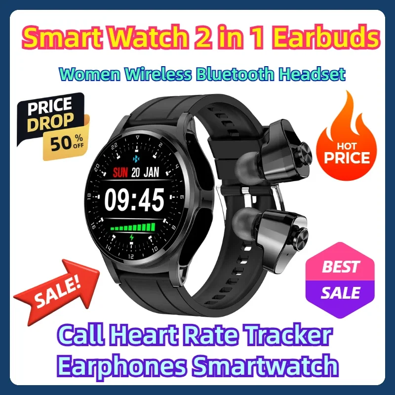 

Women Wireless Bluetooth Headset Call Heart Rate Tracker Earphones Smartwatch Smart Watch 2 in 1 Earbuds