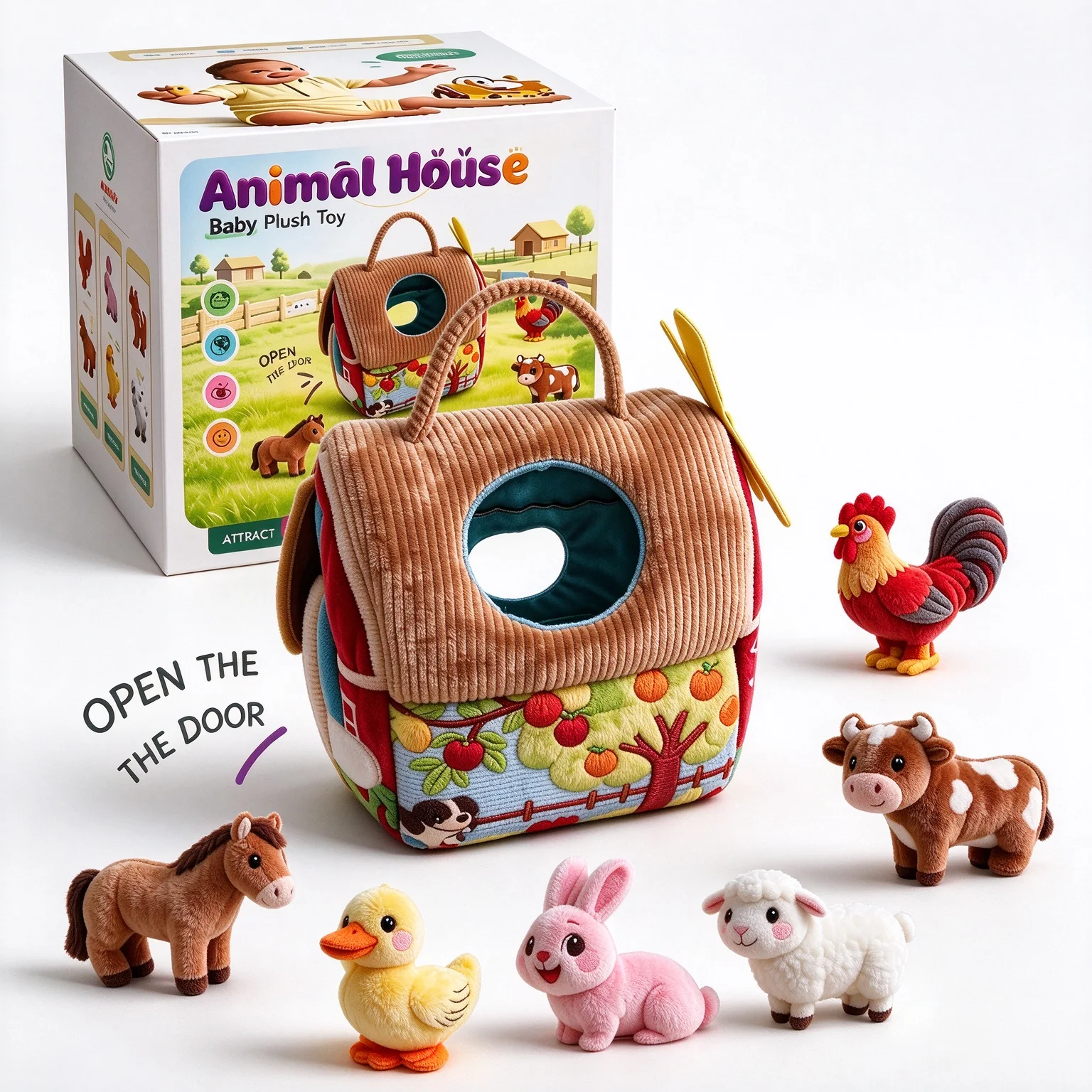 7Pcs Farm Shape Sorter House Plush Animal Dolls, Baby Fine Motor Sensory Educational Toy, Infant Early Learning Christmas Gift