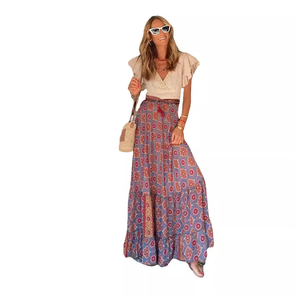 Boho Retro Floral Print Skirts Women 2024 Summer High Waist A-Line Pleated Long Skirts Casual Holiday Beach Skirt
