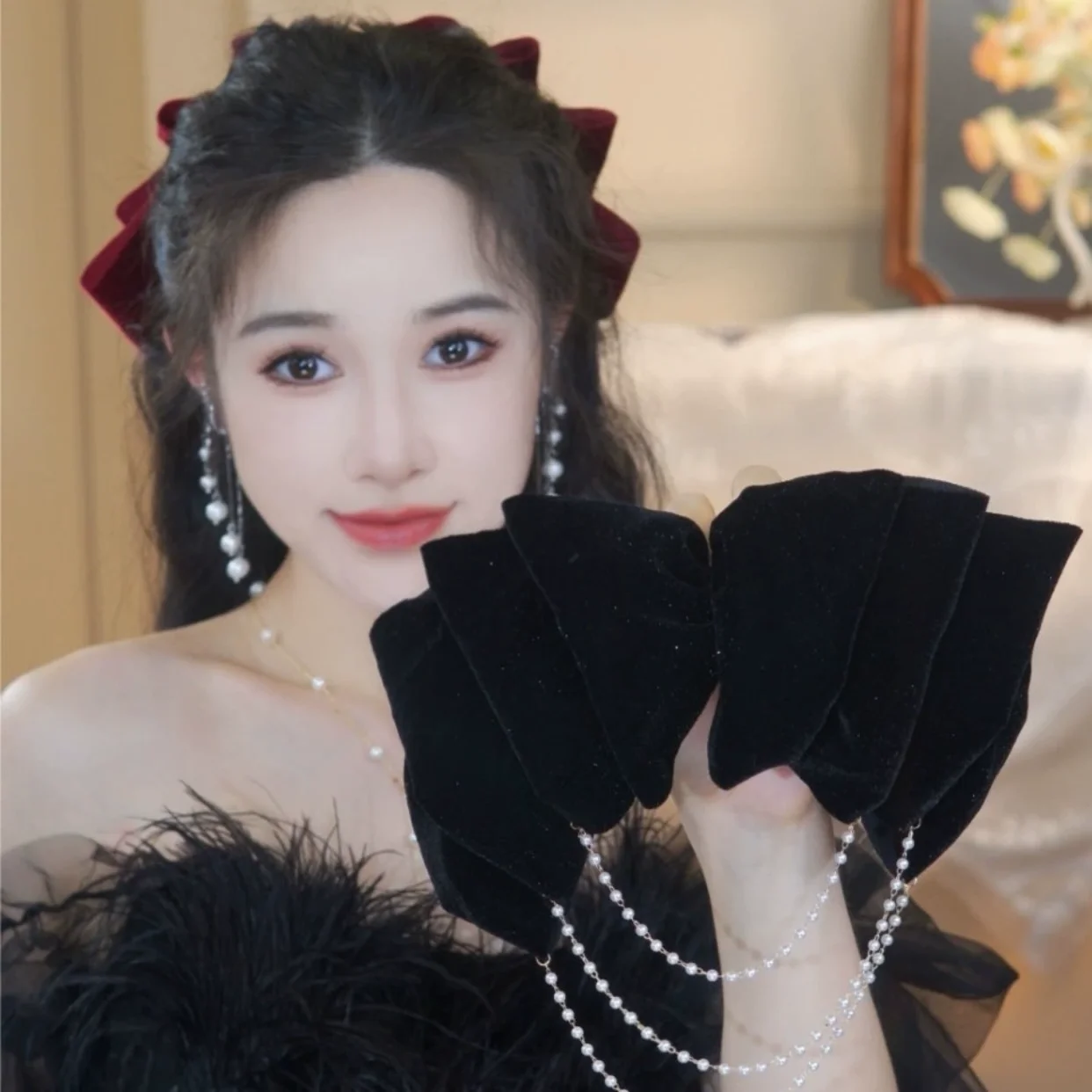 Female Kawaii Sparkling Velvet Bow Hair Accessories for Autumn and Winter Women Pearls Hairpins Barrettes Adult New Headwear
