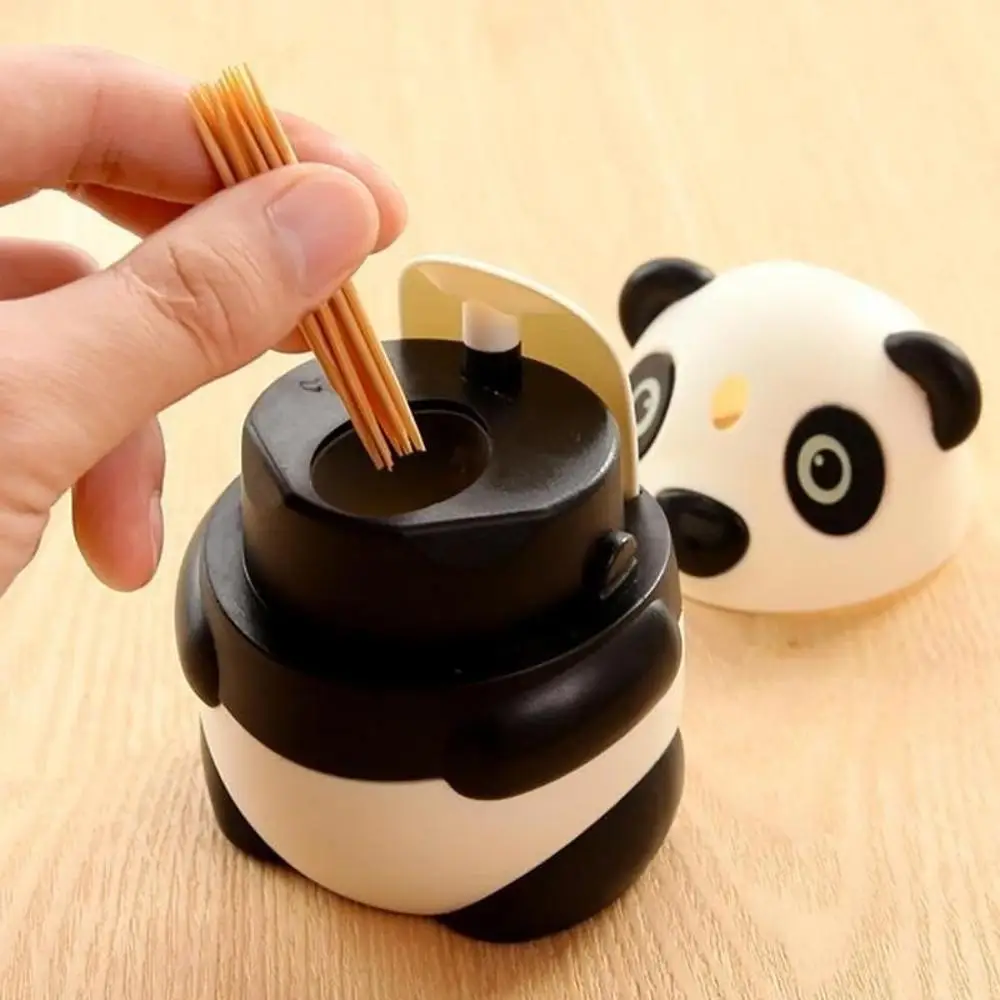 Cute Panda Plastic Toothpick Box Hand Press Automatic Pop-up Toothpick Dispenser Fashion Cartoon Style Home Desktop Decor
