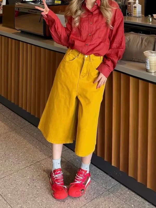 

Loose Fit American Retro Yellow Denim Jeans Shorts Women's Summer Dopaamine Style Natural Waist Button Closure Jeans Shorts