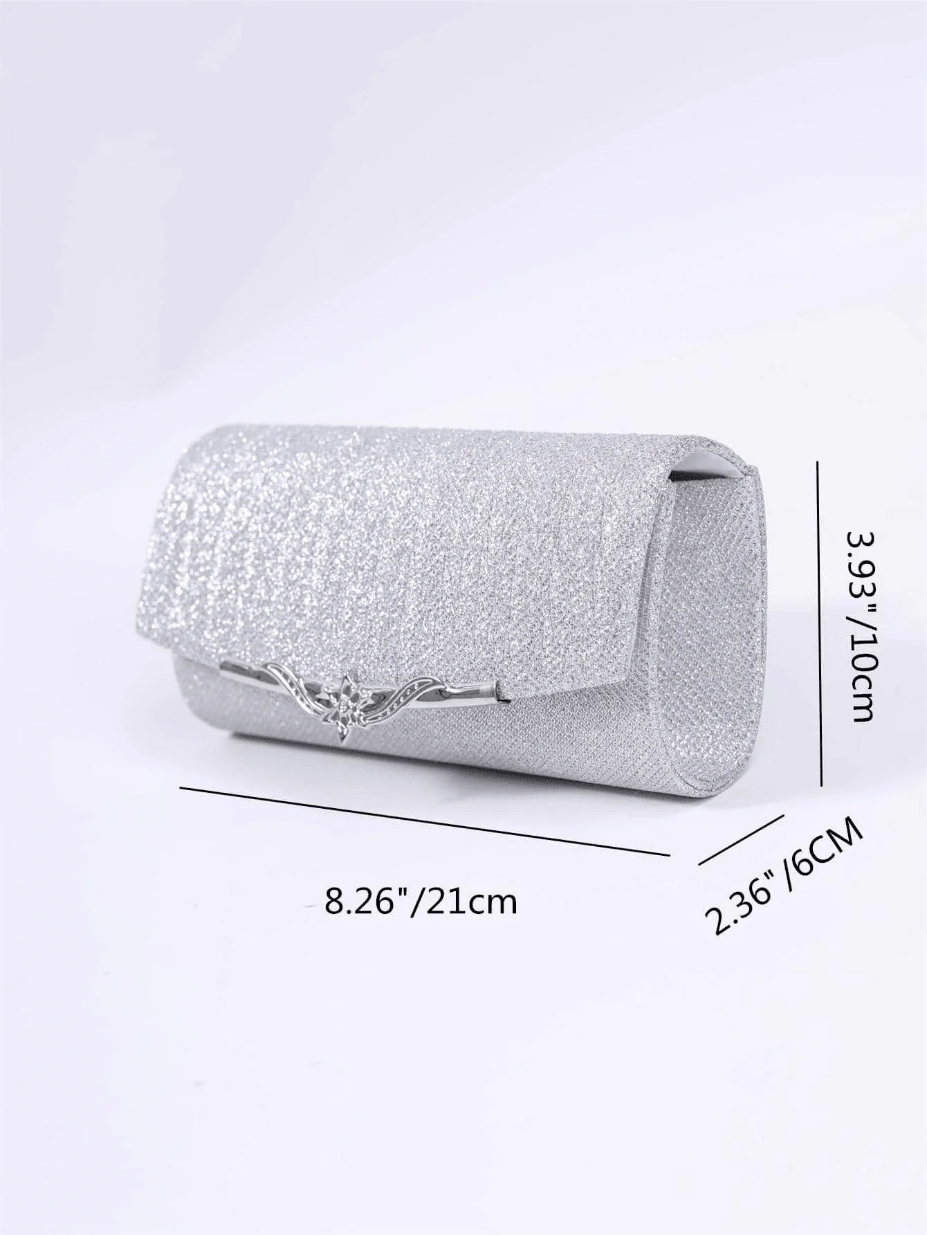 

Elegant Silver Glitter Mini Clutch With Ornate Metal Clasp, Flip Top Design For Evening Events, Weddings, And Formal Gatherings