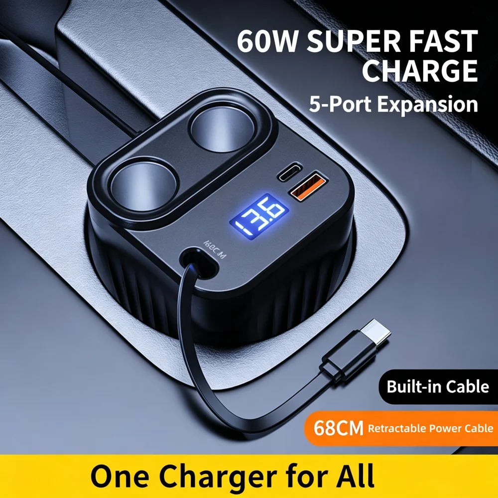 60W Multi-Port Fast Charging with Smart Digital Display Car Cigarette Lighter Conversion With Type C USB Ports or Auto Outlet