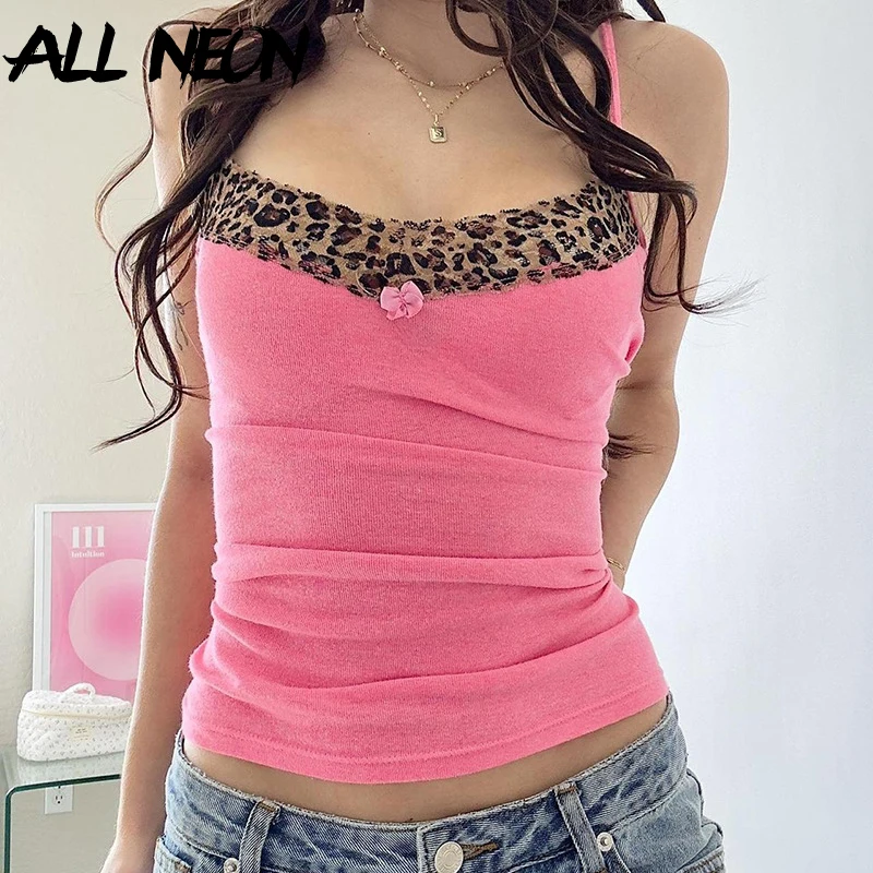 

ALLNeon Girlcore Fashion Lace Leopard Patchwork Camisole Pink Sweet Sling Crop Tops Y2K Aesthetic Holiday Tanks Basic Vests Slim