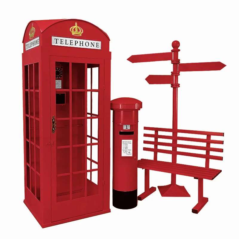 European retro red metal phone booth outdoor large mobile decorative props ornament