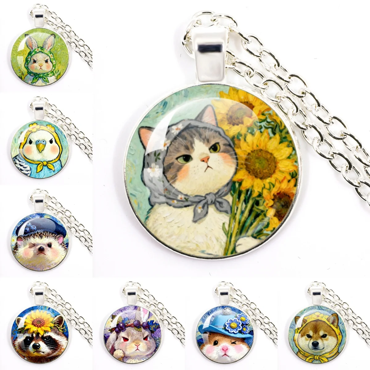 Van Gogh Art Starry Night Sunflower Glass Pendant Necklace Creative Cat Dog Hamster Rabbit Duck Oil Painting Animal Necklace