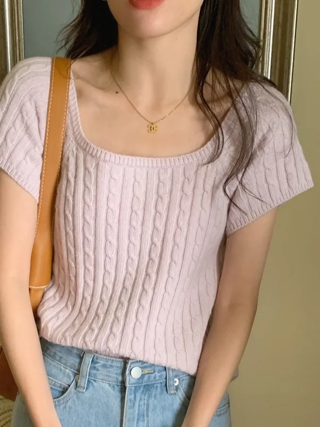 

Chic ort Knitted Sweater Women's Loose Heavy-Made Twist Weaving Square Collar Bone Exposure Versatile Casual Spring Faion
