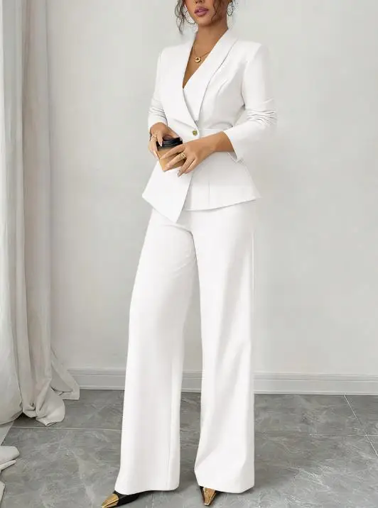 

Spring and Autumn Solid Color Collar Slim Fit Waist Suit Jacket and High Waist Straight Leg Pants Set for Women's Commuter Set