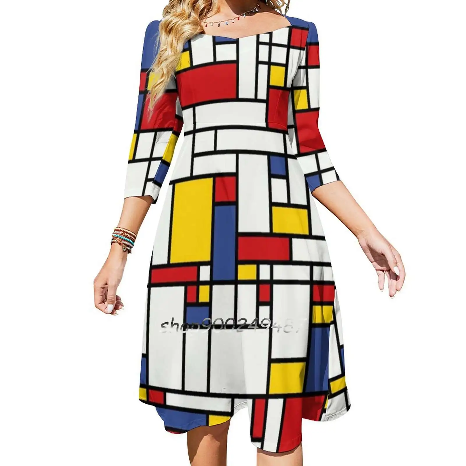 Piet Mondrian Abstract Pop Art 1960S Red Blue Yellow Square Neck Dress Cute Loose Print Dresses Elegant Beach Party Dress Piet