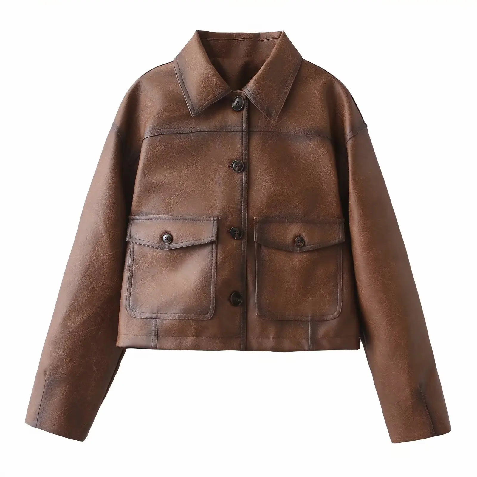

BSK&TRAF2025 autumn new women's clothing retro wax leather motorcycle style brown short PU leather jacket high-end jacket top