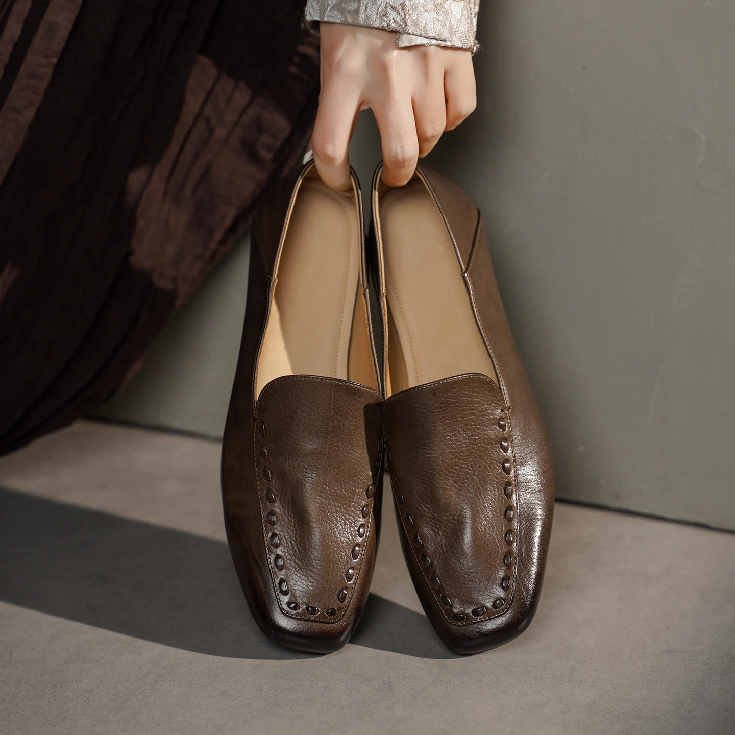 

Handmade Genuine Leather Cowhide Women's Shoes, Square Toe Shallow-Mouth Slip-on Flat Women Loafers