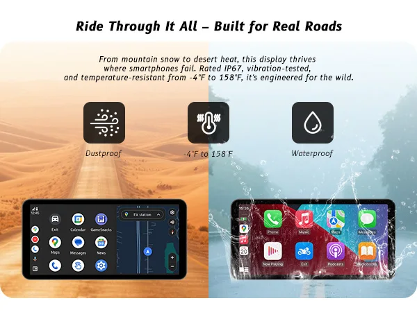6-Zoll-Motorrad-Smart-Display – kabelloses CarPlay und Android Auto | Bluetooth Sprachsteuerung | IP67 wasserdicht | HD-Touchscreen |