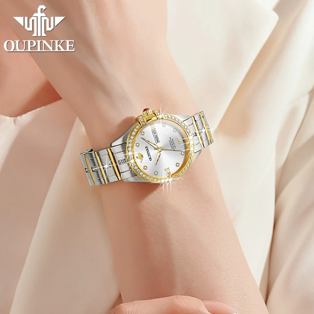 OUPINKE 3195 Roman Scale Mechanical Dress Watch For Women Diamond Original Automatic Hand Clock Waterproof Dual Calendar Watches