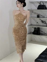 Sexy Hot Blingbling Stunning Party Dress Women Chic Black Gold Sequined Halter Pencil Midi Dress Sleeveless Tight Bodycon Dress