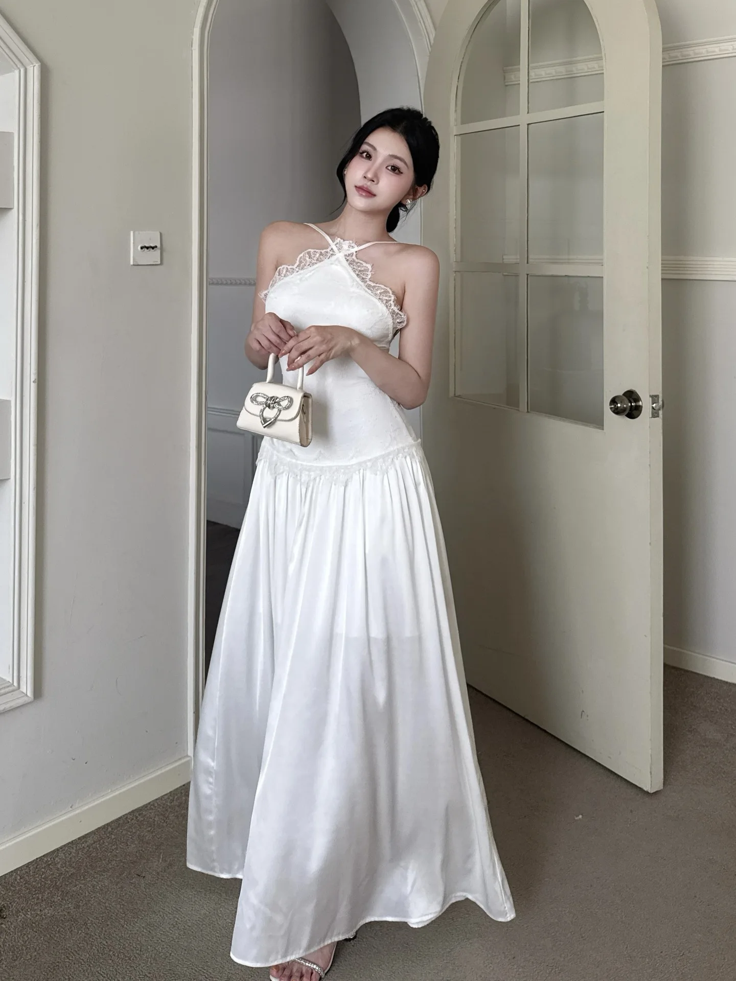 Ladies' Satin Backless White Midi Dress French Lace Spliced Appliqué Minimalist Slim-fitting Elegant Cocktail  Evening Gown Robe