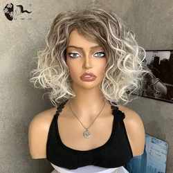 Ombre Gray Short Wavy Hair Synthetic Wig With Dark Brown Root Side Part Heat Resistant Fiber Natural Wavy Bob Cosplay Daily Wigs