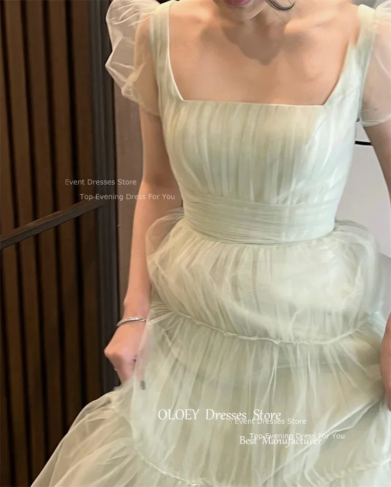 OLOEY Fairy Tulle A-Line Korean Wedding Dresses Photo shoot Puff Short Sleeves Prom Dresses Floor Length Bridal Party Dresses