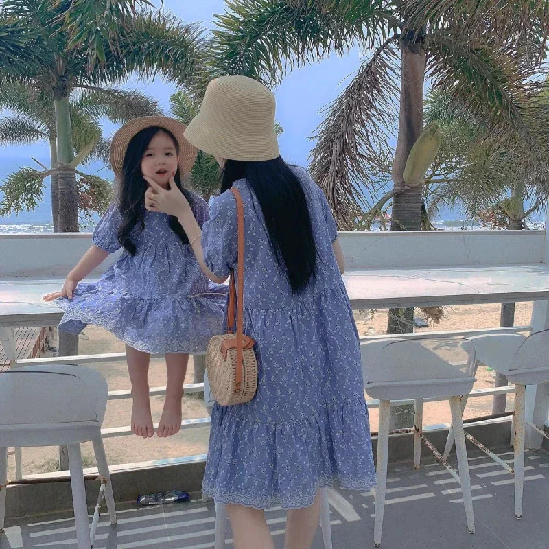 Equal Mother and Baby Girl Blue Short Sleeve Resort Outfit Same Mom and Daughter Summer Dresses Vacation Look for Women Clothes