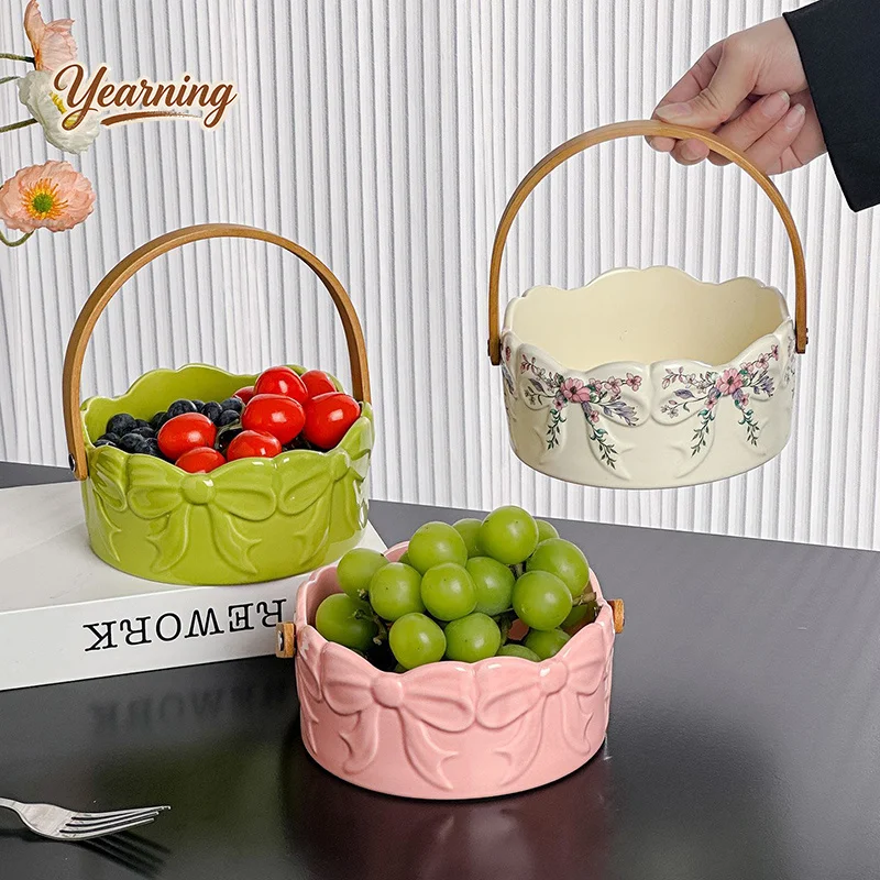 High End Bow Handle Ceramic Fruit Basket Light Luxury Candy Nut Snack Tray Home Gift for Party