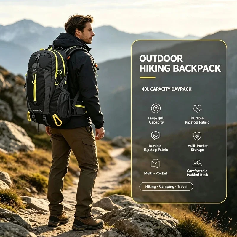40L Waterproof Hiking Backpack, Large Capacity Multi-Layer Camping and Travel Backpack