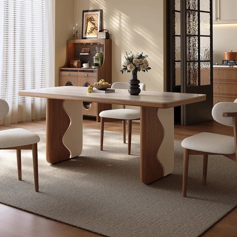 French Style Solid Wood Slate Dining Table for Small Spaces 2025 New Cream Rectangle Ripple Desk